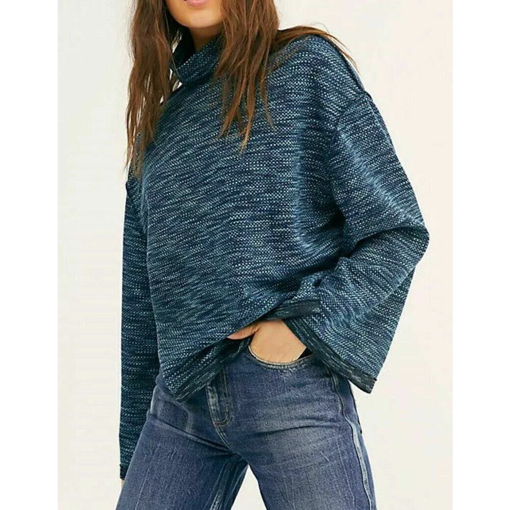 FREE PEOPLE We The Free Blue Cowl Neck Sweater Boho Slouchy Knit Pullover Medium - Picture 2 of 9